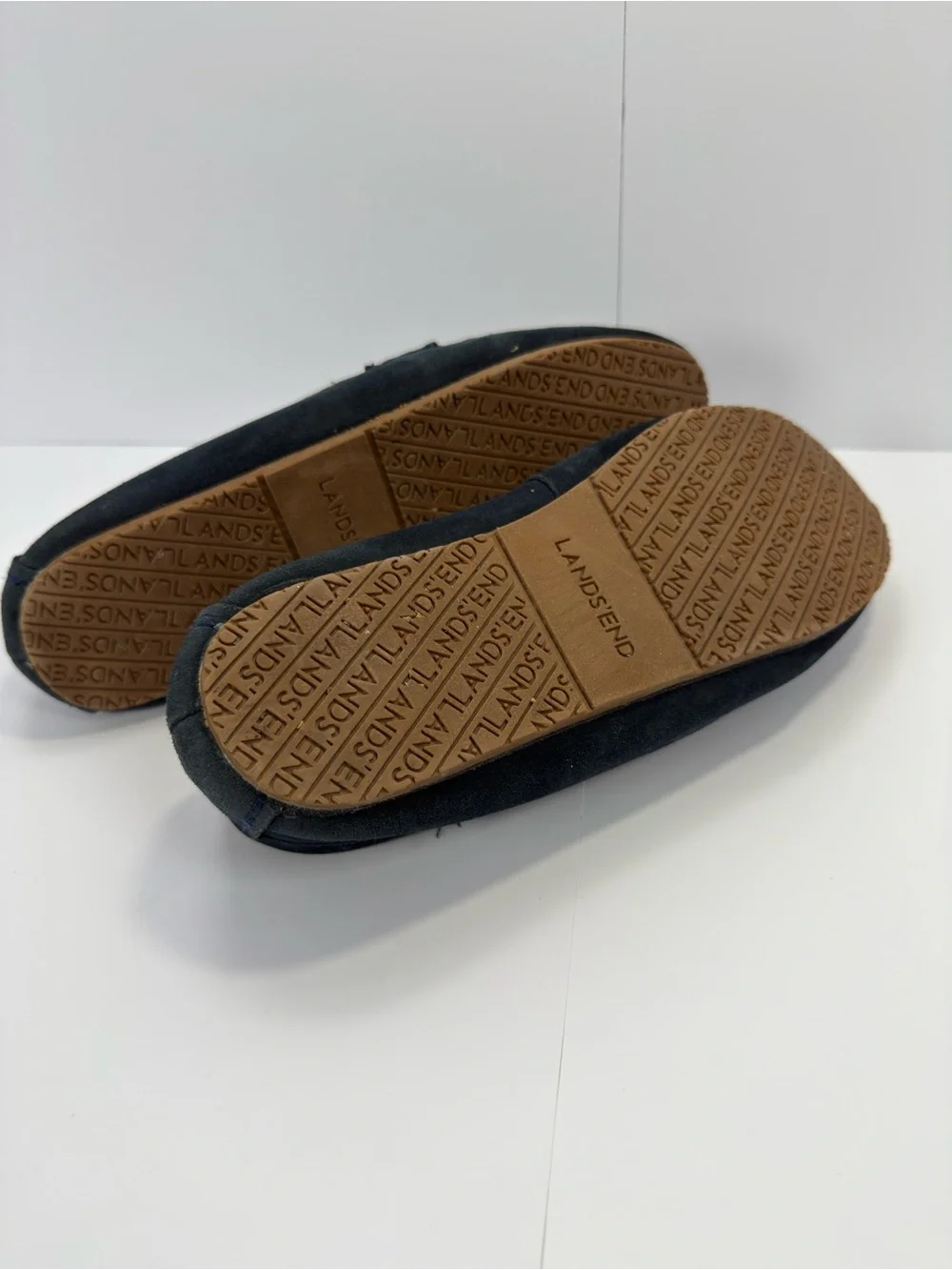 Men’s Lands' End Suede Moccasin Slippers Size 9 Navy Blue with Hard Soles